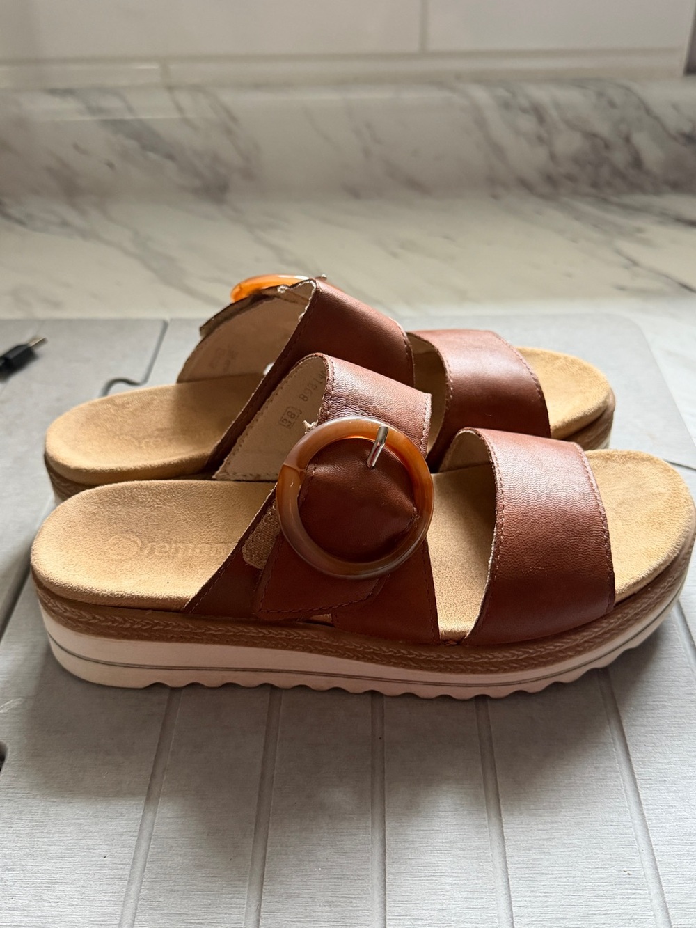 Women’s Tan Slide Sandals with Decorative Buckle